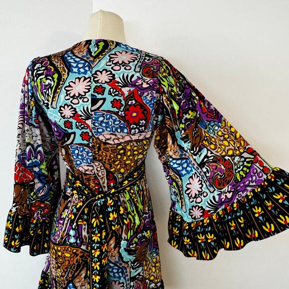 Betsey Johnson Vintage Bambi Printed Surplice Mini Dress 90s Flared Sleeve 6 - Picture 8 of 11